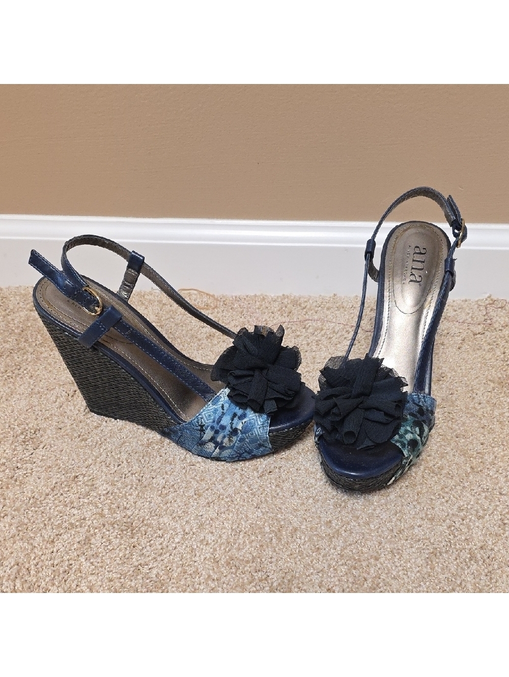 Ina Women's Navy and Black Floral Wedges
